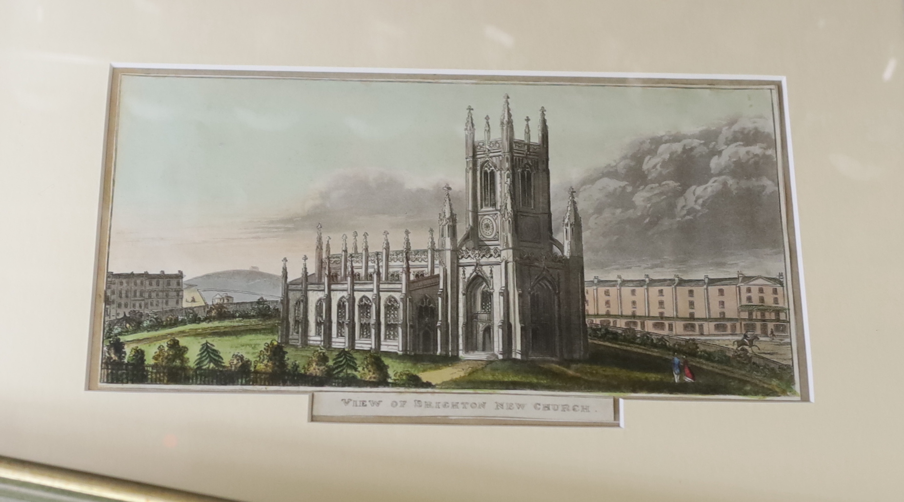 Seven 19th century engravings and prints of Brighton Churches, some hand coloured, including St Peter’s Church, one after John Bruce, View of Brighton New Church and Hove Church from the sea, after Thomas Henwood, publ.